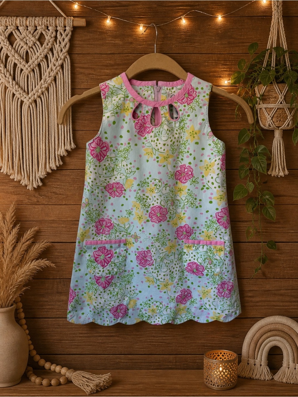 Lilly Pulitzer Girls Size 5 Pastel Floral Shift Dress Pink Blue Pockets Cotton
